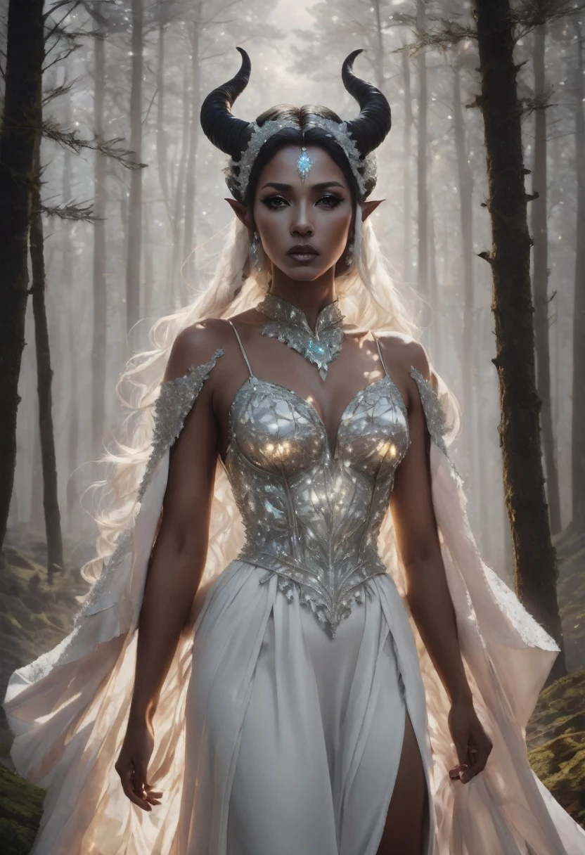 Ein exquisites dunkles Fantasy-Porträt einer bezaubernden Tiefling-Frau mit einem eleganten und üppigen gehörnten Kopfschmuck. Ihr Haar ist ein auffälliger Kontrast aus Schwarz und Weiß, während ihre Augen mit einer geheimnisvollen und ätherischen Aura leuchten. Der Tiefling-Druide schmückt aufwendig, weiße Hörner, die an eine kosmische Dämonenkönigin erinnern. Der Hintergrund offenbart eine ominöse, mondbeschienener Wald, eine gespenstisch schöne Atmosphäre schaffen.