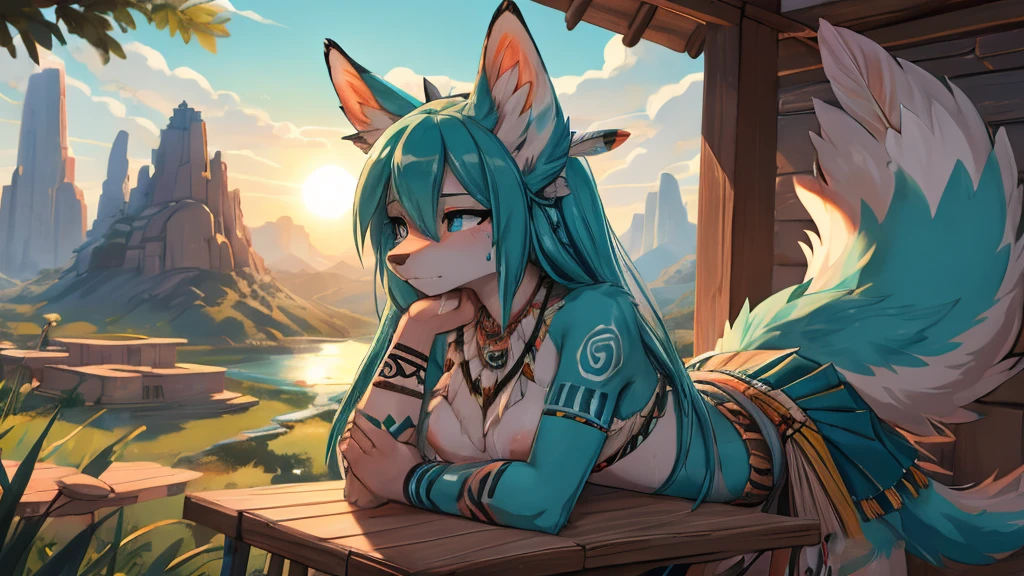 Miku Hatsune, add high definition_detail:1, blue fur,kitsune ears, tribal tattoo add_detail:1, sensual pose against the wall add_details:1, tribal feather necklage, rainbowed feather skirt, tribal feather ornaments for the body high definition, tribal feather bralette, desertic landscape oasis in the background, exhausted girl, sweating, very hot, intense sun add_detailsl, jack-o-pose 