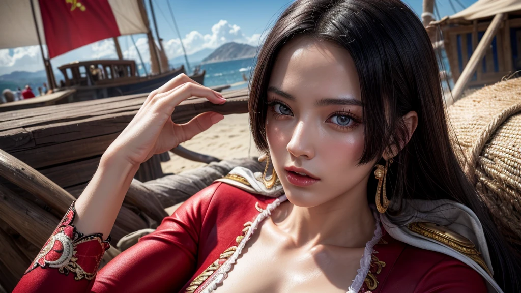 걸작, 최고의 품질, 매우 상세한, 초현실적, 사실적인, 아름다운 중국 모델, 매우 상세한 얼굴:1.2, 흑발, 빨간 드레스, 해적섬, 역동적인 포즈
