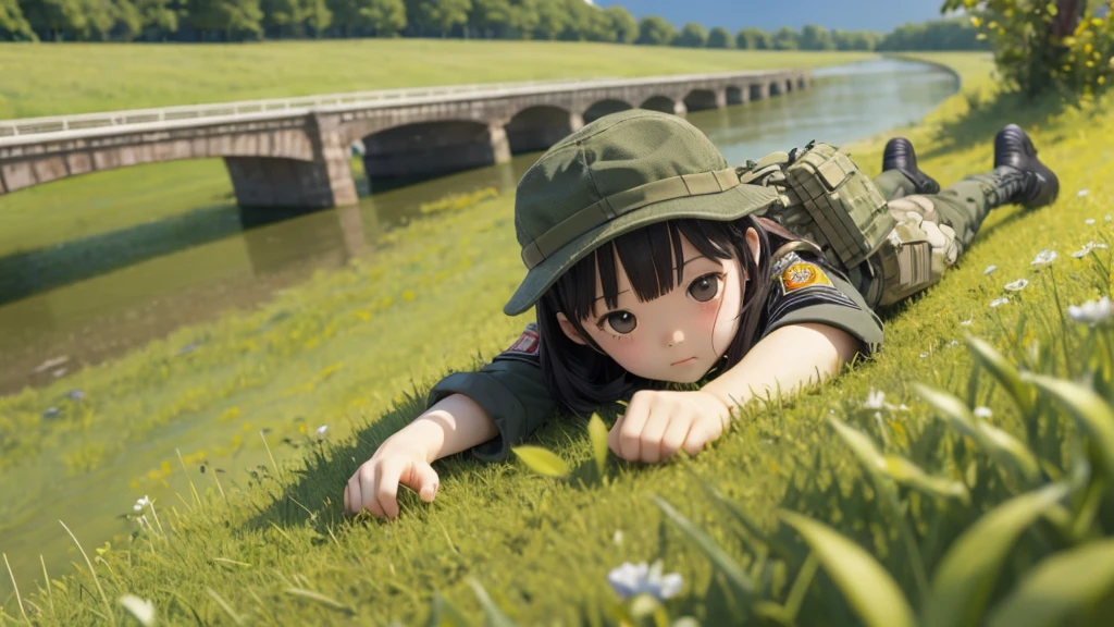 Girl doll、bank、river、bridge、Enjoying airsoft、uniform、Crawling through the grass