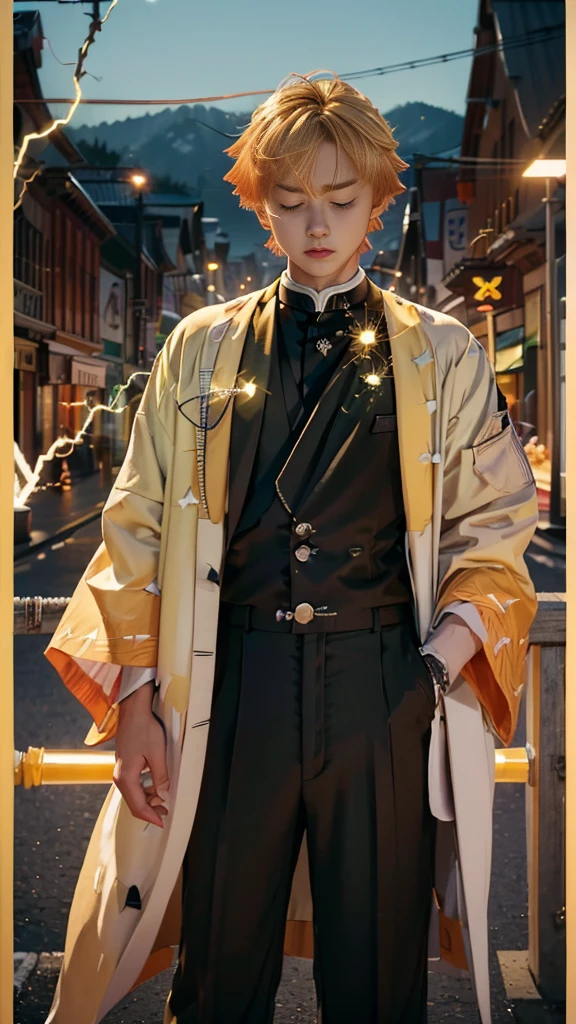 (((​master piece))),((Best Quality)),((((Town)))),Detailed,1boy,Solo,Resting, Yellow hair,Just a suit,Pants,Closed eyes,(((electricity))),katanas,holding swords,Bird, animal,animal on shoulder,hyperdetailed face