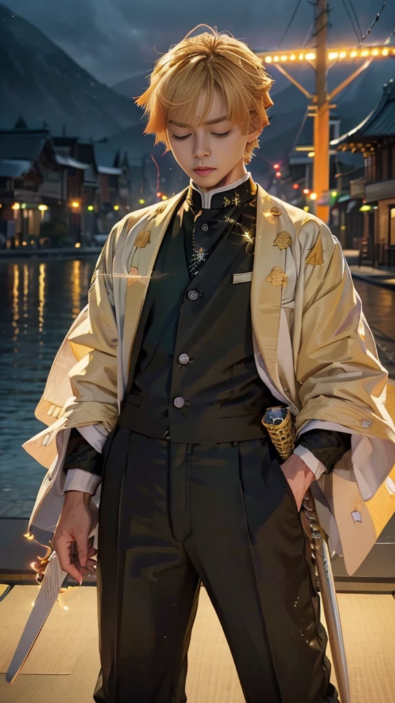 (((​master piece))),((Best Quality)),((((Town)))),Detailed,1boy,Solo,Resting, Yellow hair,Just a suit,Pants,Closed eyes,(((electricity))),katanas,holding swords,Bird, animal,animal on shoulder,hyperdetailed face,占い師