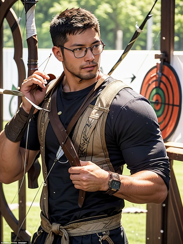 crew cut, mature man, [slightly fat], asian man, brown eyes, rounded face, glasses, slightly balding, (big shoulders), (((stubbles, Short beard))), (((full beard))), (Beautiful eyes:1.3), (Detailed face:1.3),(A male archer at a shooting range aiming a bow and arrow at a target in the distance:1.5), archer pose,(anatomically correct:1.1), side view, (Masterpiece:1.3), (The best quality:1.3, (high detail:1.3), (super detailed:1.3)