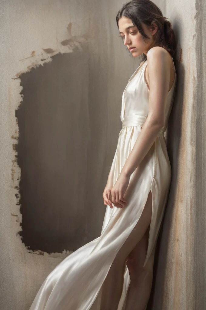 Oil painting, Nick Alm style of a beautiful young woman, standing, artistic pose, white dress, silk, full body, feet with painted nails, bright and decadent room, peeling wall, worn paint, painting with soft oil brush strokes, delicate skin, beautiful detailed eyes, beautiful detailed lips, extremely detailed face, long eyelashes, slender figure, warm lighting, jenror2023, 1 girl, 8k, uhd, best quality, art trend, photorealistic, masterpiece, RAW image, pores skin, detailed skin, hazel eyes, old haunted house, dark dramatic lighting, \(theme\), 1930s \(Style\),