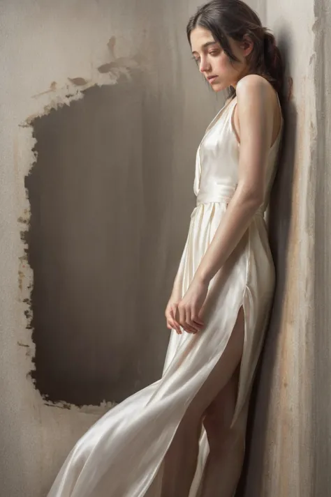 Oil painting, Nick Alm style of a beautiful young woman, standing, artistic pose, white dress, silk, full body, feet with painte...