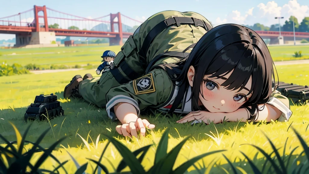 Girl doll、bank、river、bridge、Enjoying airsoft、uniform、Crawling through the grass