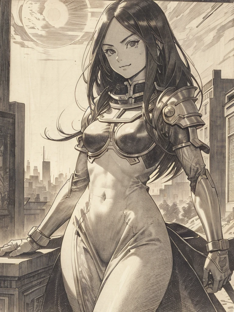 Ultradetailed, black and white, battle Angel alita,  sun at sunrise behind her, an engraving in black and white by Albrecht Dürer, her expression is serious but a bit smiling, we can see behind her the city of salem from the manga by yukito kishiro