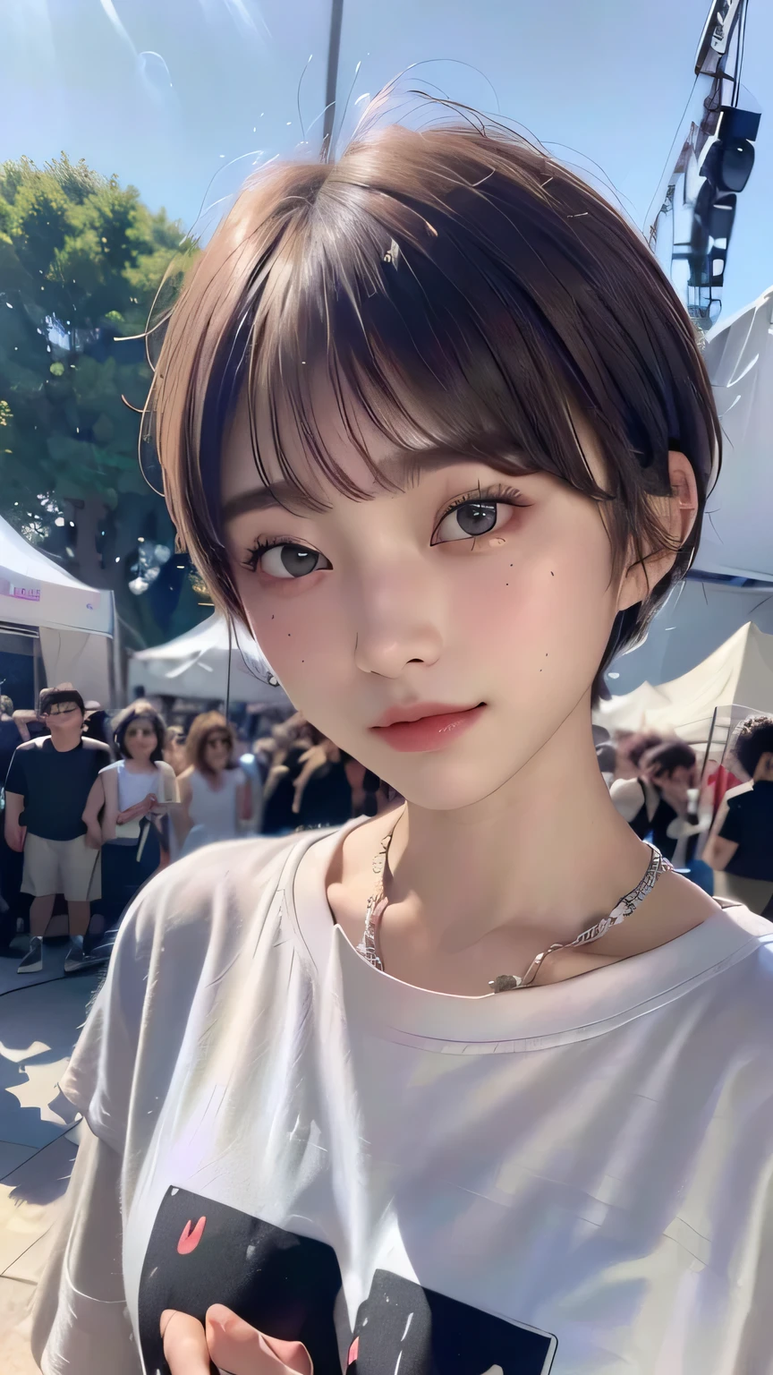 (Highest quality:1.3)、(Masterpiece:1.4)、Raw photo、、((Best image quality))、 ((High resolution))、Beautiful face in every detail、Realistic human skin、(Cute natural anime face)、(One Woman:1.3)、Realistic、Photorealistic、short hair、(Beautiful woman)、((Cool Japan girl))、(boyish:1.5)、mannish、((Beautiful woman))、(Beautiful Hair)、((Dark brown hair))、(Blushing:1.35)、(Fashion Model:1.3)、(Every woman admires her face:1.3)、((Her eyes are big))、 year old beauty、(Small face)、Small Head、((Long neck))、(Music Festival:1.3)、(Concert T-shirts:1.3)、(Oversized clothing:1.3)、necklace、(Featured Musicians:1.3)、((The aspirations of young people))、Attractive lips、[smile]、((Everyone's eyes are captured))