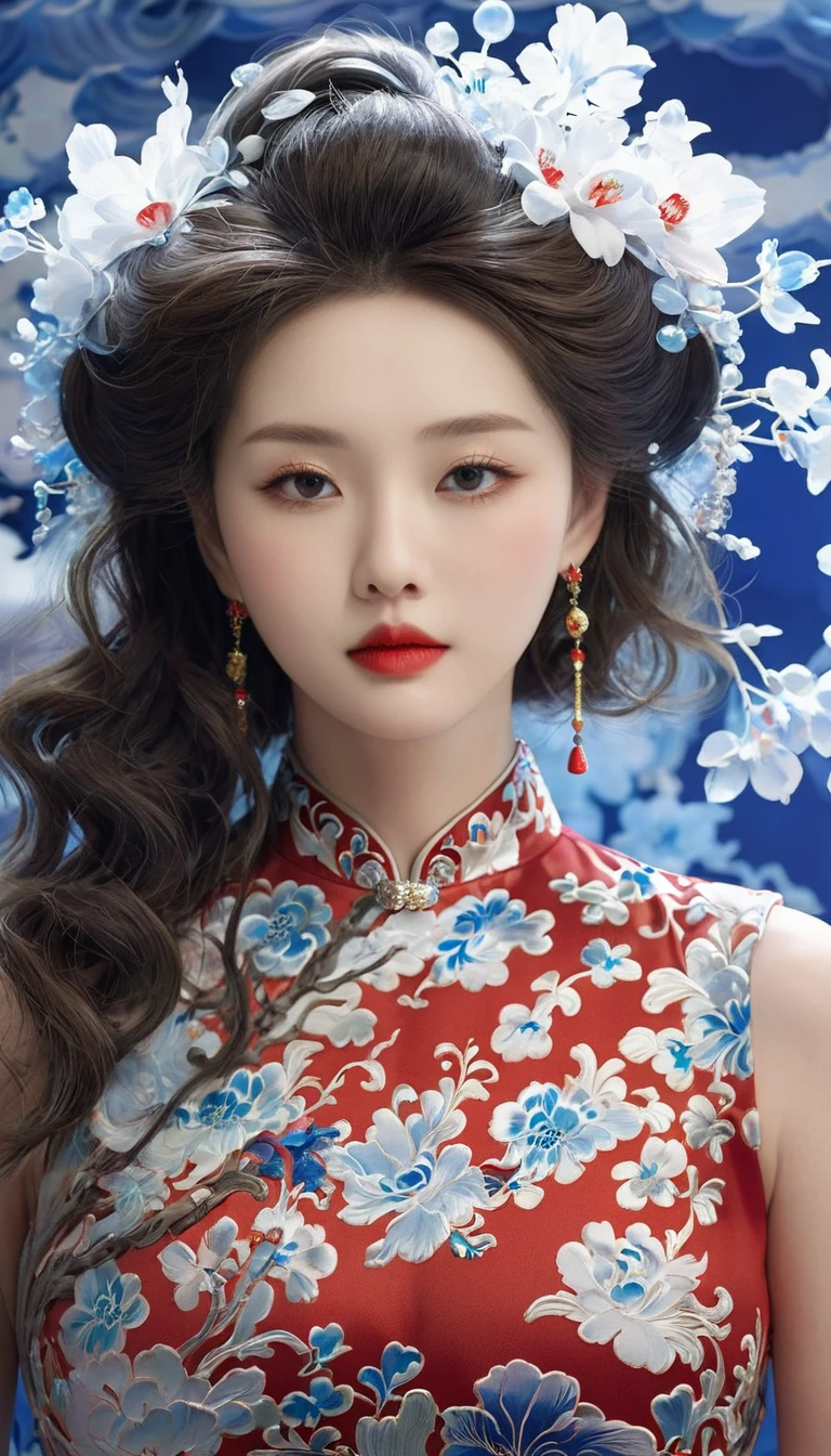 1 Girl,bushing,Fashion Girl,cheongsam,Chinese clothes,Flowering,(masterpiece:1.4),(best quality:1.4),(Glowing skin),Red lips,Looking at the audience,Large Breasts,Cleft lip