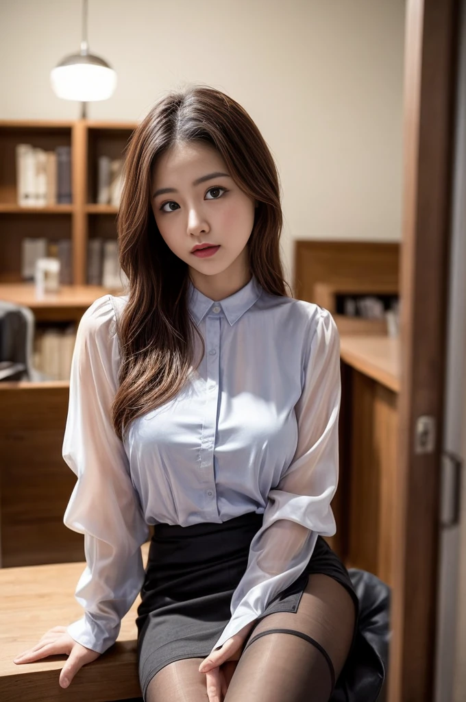 ulzzang-6500-v1.1,(RAW-Fotos:1.2), (fotorealistisch), (Durchschauen:1.4), (Meisterwerk), (Echt:1.4), １Mit einem Mädchen、26 Jahre alt、Spiel_Ticker,  オーシャンブルーのAuge(Auge), Ein schüchternes Lächeln、blonde halblange Haare、Lockige haare、Tokio Mädchen、(Elegante Seidenbluse:1.3), (Ultra-realistische Strumpfhosen:1.2), (ausgestellter Rock:1.2), in einem Büro sitzen und an einem Schreibtisch arbeiten、realistische Hautstruktur、Glänzende Haut、Freiliegende Oberschenkel!!! , bilden、