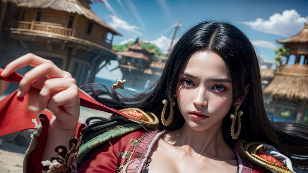 傑作, 最高品質, 非常に詳細な, 超現実的な, 写実的な, 美しい中国人モデル, 超詳細な顔:1.2, 黒髪, 赤いドレス, 海賊島, 逆ハートの手:1.1, 自らの手で