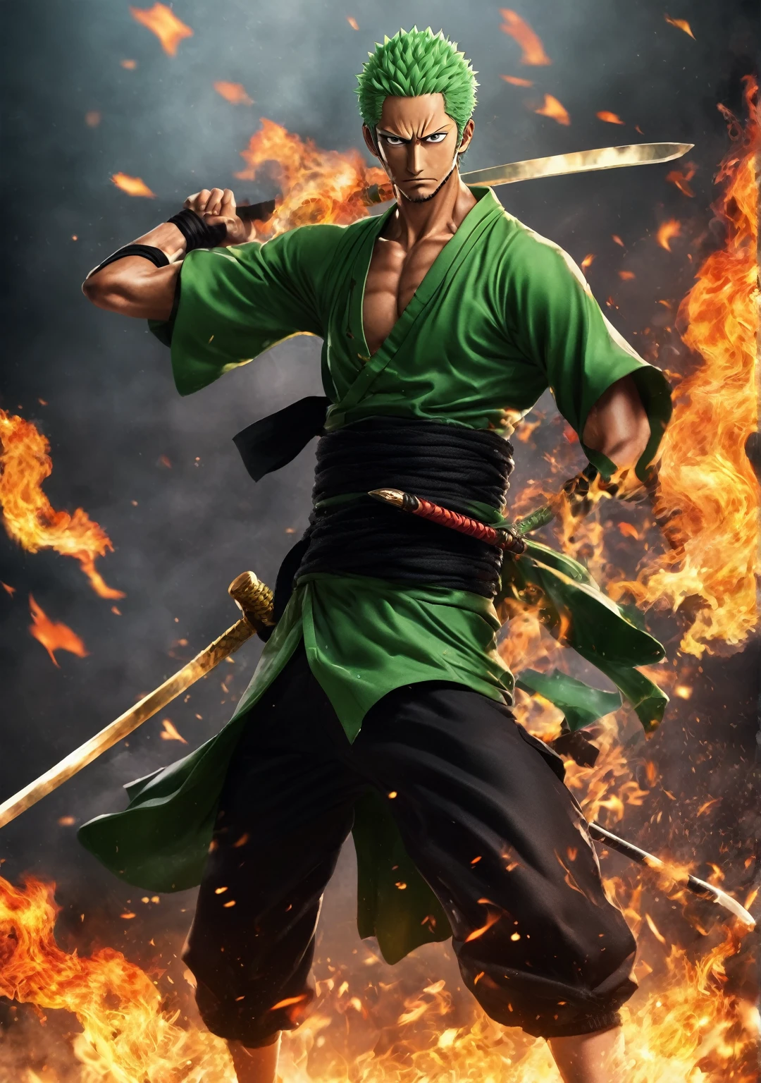 Zoro del anime One Piece está representado de forma realista., estilo de acción en vivo, de pie en una pose dramática con la parte superior del cuerpo desnuda, revelando su constitución musculosa. Empuña una espada en cada mano y otra en la boca., mostrando su técnica de tres espadas. Zoro lleva un pañuelo negro., añadiendo a su mirada feroz. El fondo está envuelto en llamas., creando un intenso, Atmósfera ardiente que resalta su personalidad guerrera y el fragor de la batalla..