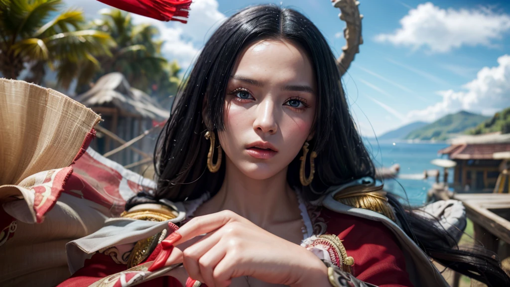 걸작, 최고의 품질, 매우 상세한, 초현실적, 사실적인, 아름다운 중국 모델, 매우 상세한 얼굴:1.2, 흑발, 빨간 드레스, 해적섬, 심장 손:1.2, 자신의 손을 함께:1.2
