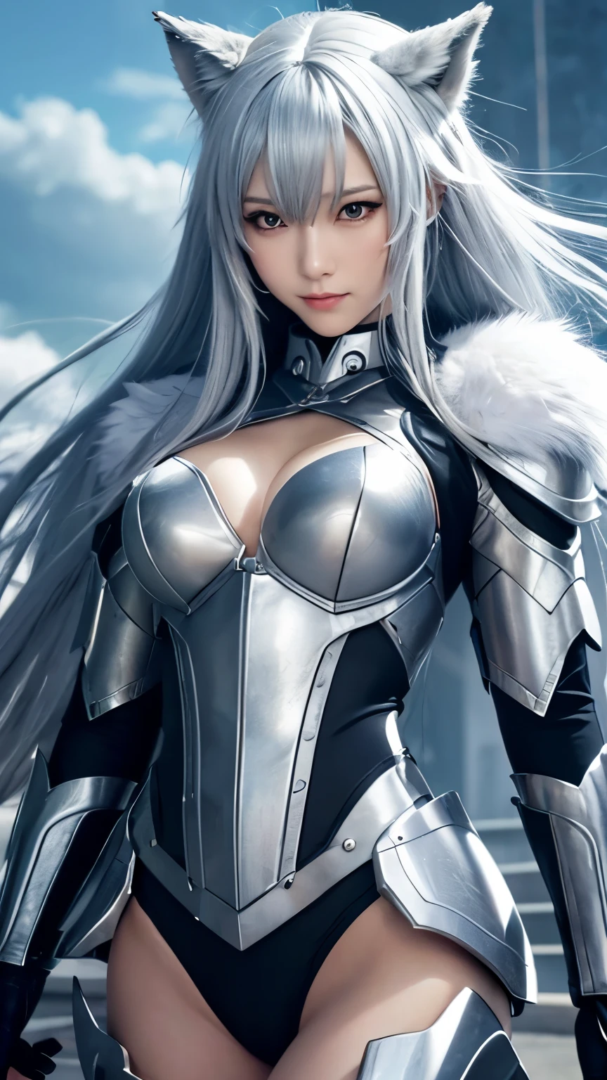 A woman in a silver and black outfit with long hair - SeaArt AI