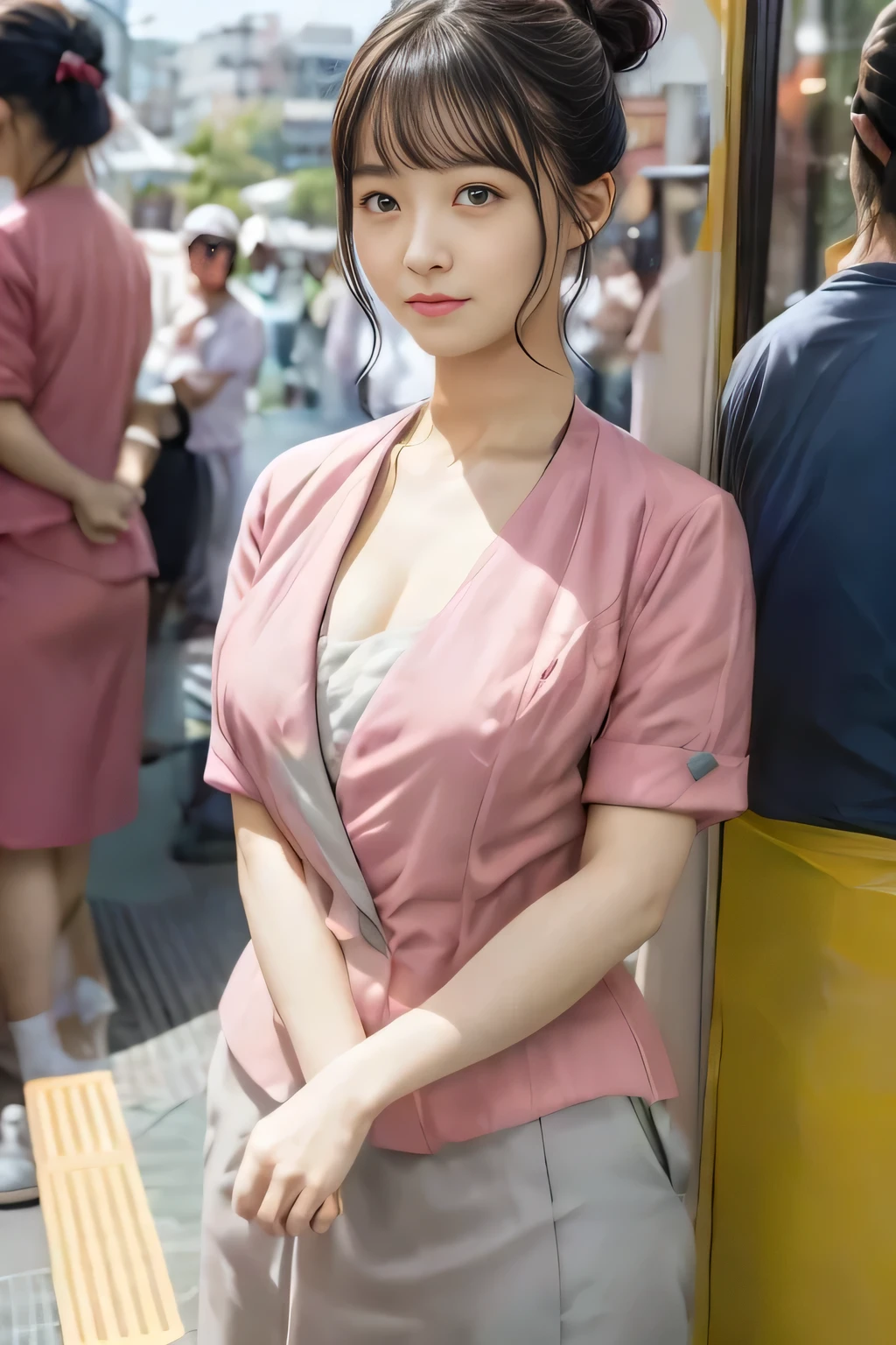 (masterpiece:1.2, Highest quality:1.2), 32k HDR, High resolution, (alone、1 girl)、（On the rooftop of a building in the daytime、Professional Lighting）、Building rooftop background、（Nankai train crew uniform pinkを着たリアルスタイル）、（Nankai train crew uniform pink short sleeve collarless pink jacket、Nankai Train Crew Uniform Pink Collarless Short Sleeve Blouse、Nankai Train Crew Uniform Pink Grey Knee-length Culottes）、（（The bottom of the pink short-sleeved jacket cannot be tucked into the clay-colored culottes.））、Dark brown hair、（Hair tied up、Hair Bun、Hair Bun）、Dark brown hair、Long Shot、Big Breasts、Thin legs、（（Great hands：2.0）），（（Harmonious body proportions：1.5）），（（Normal limbs：2.0）），（（Normal finger：2.0）），（（Delicate eyes：2.0）），（（Normal eyes：2.0））)、（Nankai Train Crew Uniform Pink Grey Knee-length Culottesを見せた美しい立ち姿）、smile