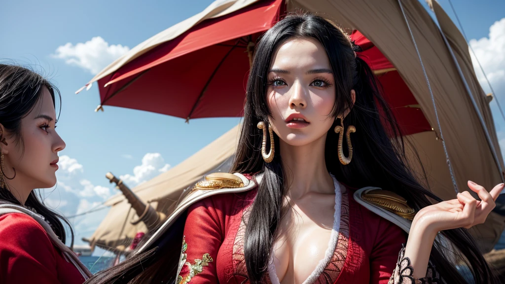 傑作, 最好的品質, 非常詳細, 超寫實, 逼真的, 美丽的中国模特, 超詳細的臉部:1.2, 黑髮, 红色礼服, 海盜島, 動態姿勢, 從遠處:1.1