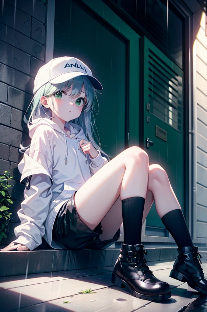 index, index, (Green Eyes:1.5), Silver Hair, Long Hair, (Flat Chest:1.2),Baseball hats,Oversized white hoodie,Shorts,black tights,short boots,Sitting on the steps of a building leaning against a wall,Hiding in a roofed building,rain,cloudy,whole bodyがイラストに入るように,
break looking at viewer, whole body,
break outdoors, In town,
break (masterpiece:1.2), Highest quality, High resolution, unity 8k wallpaper, (figure:0.8), (Beautiful attention to detail:1.6), Highly detailed face, Perfect lighting, Highly detailed CG, (Perfect hands, Perfect Anatomy),