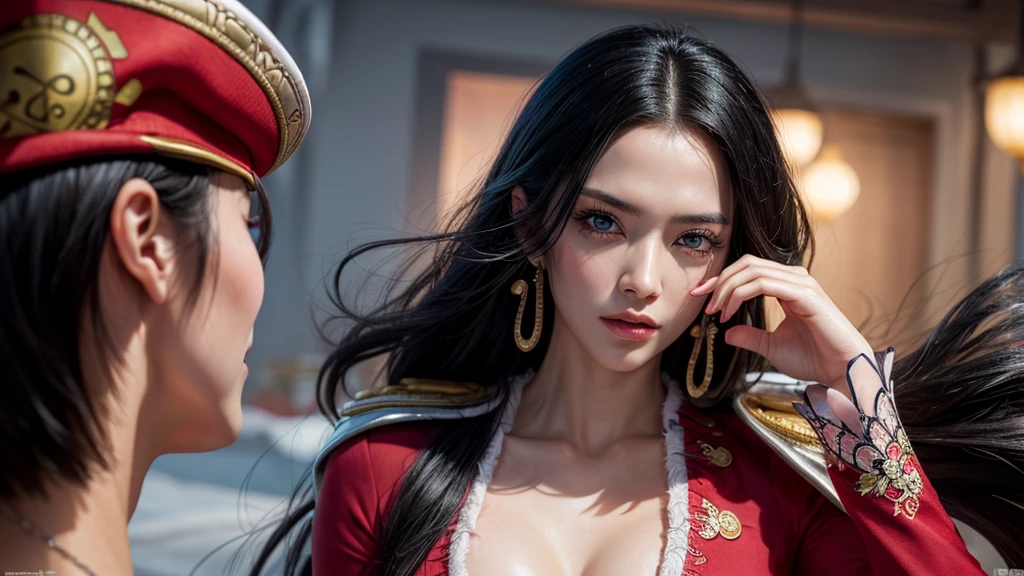 걸작, 최고의 품질, 매우 상세한, 초현실적, 사실적인, 아름다운 중국 모델, 매우 상세한 얼굴:1.2, 흑발, 빨간 드레스, 멀리서:1.1, 해적섬, 역동적인 포즈, 동적 각도