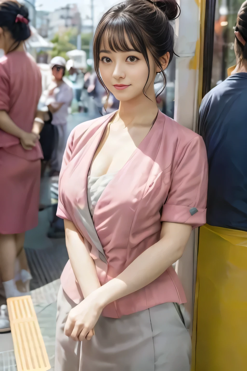 (masterpiece:1.2, Highest quality:1.2), 32k HDR, High resolution, (alone、1 girl)、（On the rooftop of a building in the daytime、Professional Lighting）、Building rooftop background、（Nankai train crew uniform pinkを着たリアルスタイル）、（Nankai train crew uniform pink short sleeve collarless pink jacket、Nankai Train Crew Uniform Pink Collarless Short Sleeve Blouse、Nankai Train Crew Uniform Pink Grey Knee-length Culottes）、（（The bottom of the pink short-sleeved jacket cannot be tucked into the clay-colored culottes.））、Dark brown hair、（Hair tied up、Hair Bun、Hair Bun）、Dark brown hair、Long Shot、Big Breasts、Thin legs、（（Great hands：2.0）），（（Harmonious body proportions：1.5）），（（Normal limbs：2.0）），（（Normal finger：2.0）），（（Delicate eyes：2.0）），（（Normal eyes：2.0））)、（Nankai Train Crew Uniform Pink Grey Knee-length Culottesを見せた美しい立ち姿）、smile