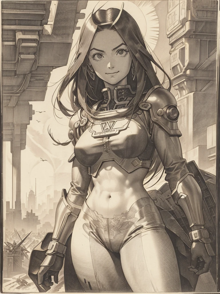 Ultradetailed, black and white, battle Angel alita,  sun at sunrise behind her, an engraving in black and white by Albrecht Dürer, her expression is serious but a bit smiling, we can see behind her the cyberpunk city of Salem up in the sky