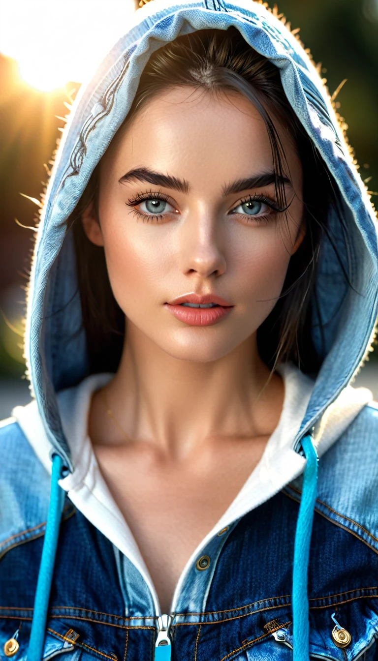 A photorealistic portrait of a 21-year-old female model with striking hooded grey eyes and a beautiful supermodel jawline. She should have long, black straight hair, thick eyelashes, and seductive natural high arch black eyebrows. The model is dressed in a white top and blue jeans, exuding a modern and stylish look. The image should capture her full body with a close-up on her face, with soft, golden-hour sunlight illuminating her features. High quality, high detailed, 8k HDR.