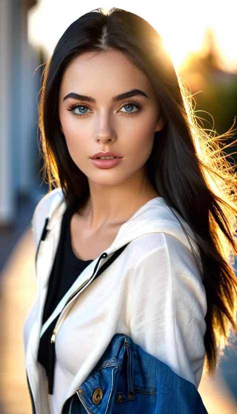 A photorealistic portrait of a 21-year-old female model with striking hooded grey eyes and a beautiful supermodel jawline. She s...
