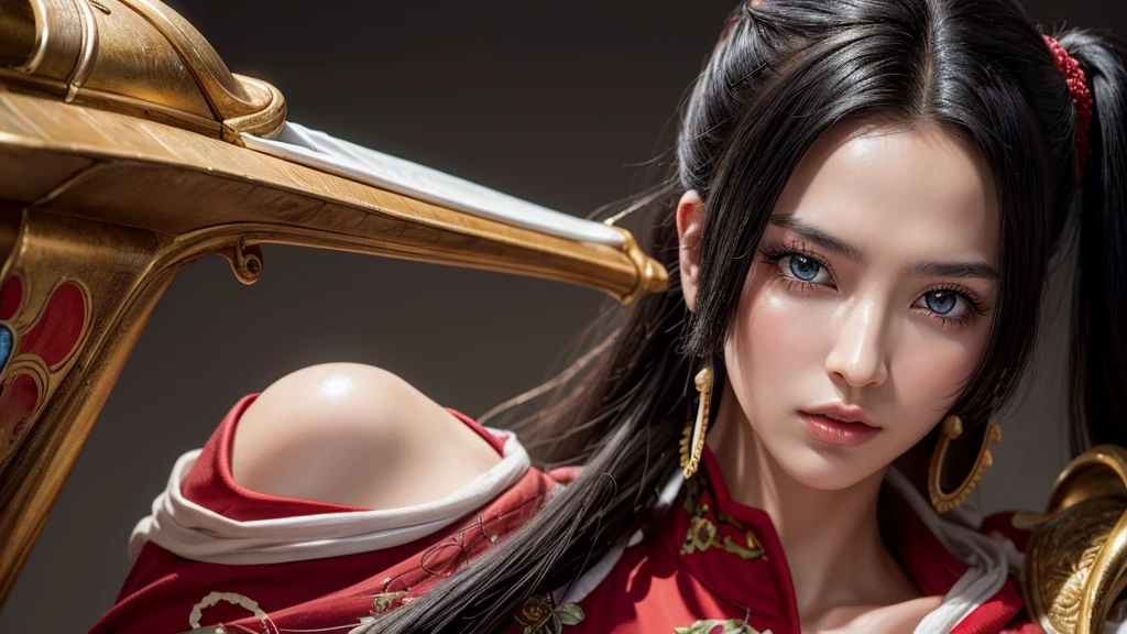 Meisterwerk, beste Qualität, extrem detailliert, hyperrealistisch, fotorealistisch, Ein wunderschönes chinesisches Modell, Ultradetailliertes Gesicht:1.2, Schwarzes Haar, rotes Kleid, aus der Ferne:1.1, Pirateninsel, dynamische pose, dynamischer Winkel
