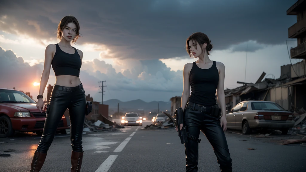 movie「resident evil」Heroine of the series、Depicting Alice Abernathy。Early 30s、shoulder-length brown hair、blue eyes。Wearing combat uniform、Black tank top、Black pants、Put on the boots。With a pistol in each hand、Looking straight ahead with a serious expression。The background is a devastated city、Destroyed buildings and cars scattered around。Heavy clouds hang over the gloomy sky。Alice is powerful、Standing with determination。