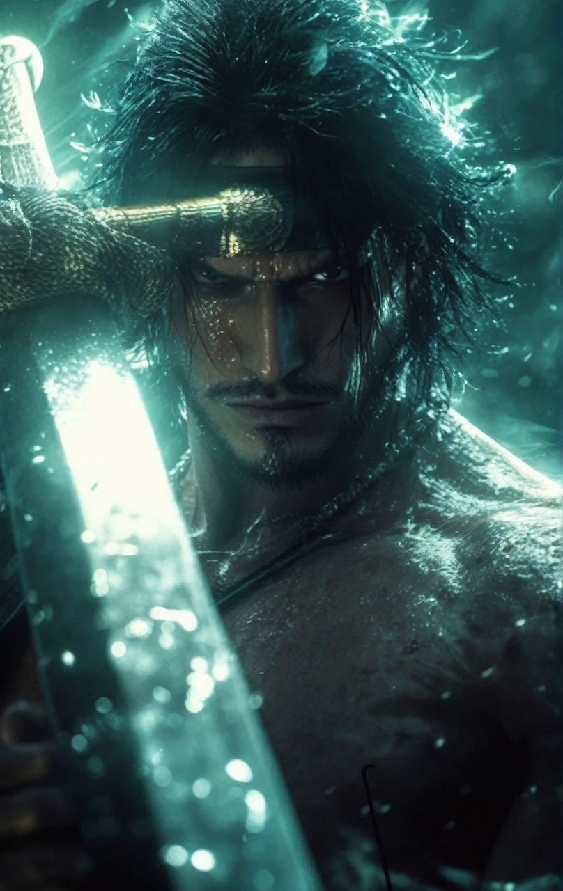 Zoro from the anime One Piece is depicted in a realistic, live-action style, standing in a dramatic pose with his upper body bare, revealing his muscular build. He grips a sword in each hand and one in his mouth, showcasing his three-sword technique. Zoro wears a black bandana, adding to his fierce look. The background is engulfed in flames, creating an intense, fiery atmosphere that highlights his warrior persona and the heat of battle.