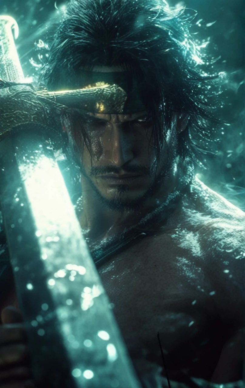 Zoro from the anime One Piece is depicted in a realistic, live-action style, standing in a dramatic pose with his upper body bare, revealing his muscular build. He grips a sword in each hand and one in his mouth, showcasing his three-sword technique. Zoro wears a black bandana, adding to his fierce look. The background is engulfed in flames, creating an intense, fiery atmosphere that highlights his warrior persona and the heat of battle.