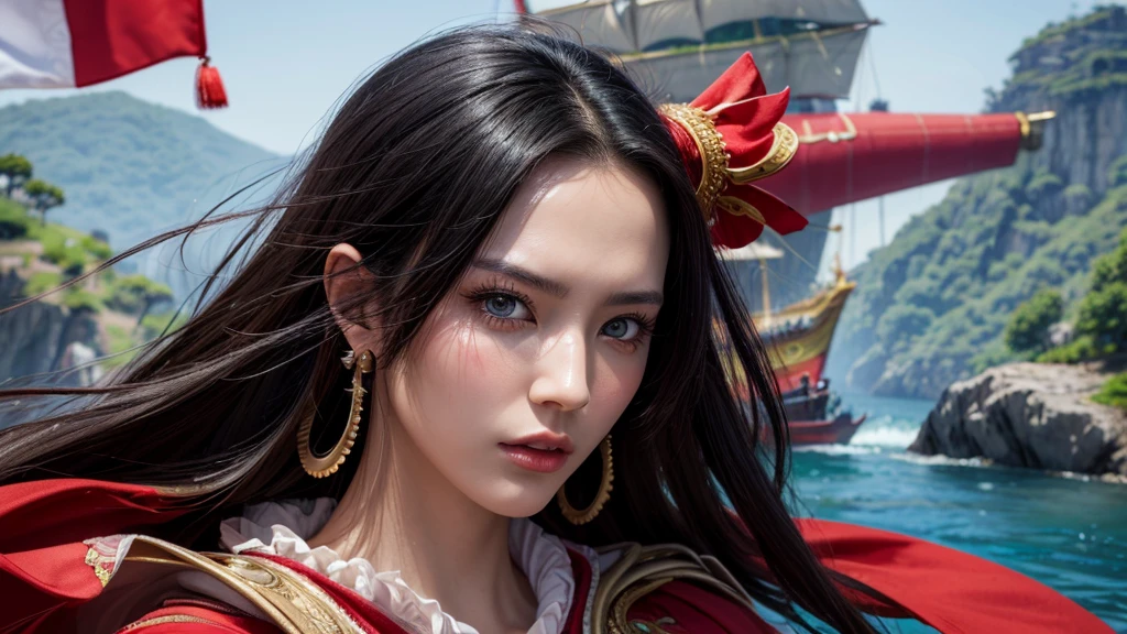 masterpiece, best quality, extremely detailed, hyperrealistic, photorealistic, a beautiful chinese model, ultra detailed face:1.2, black hair, red dress, from distance:1.1, pirate island, dynamic pose, dynamic angle
