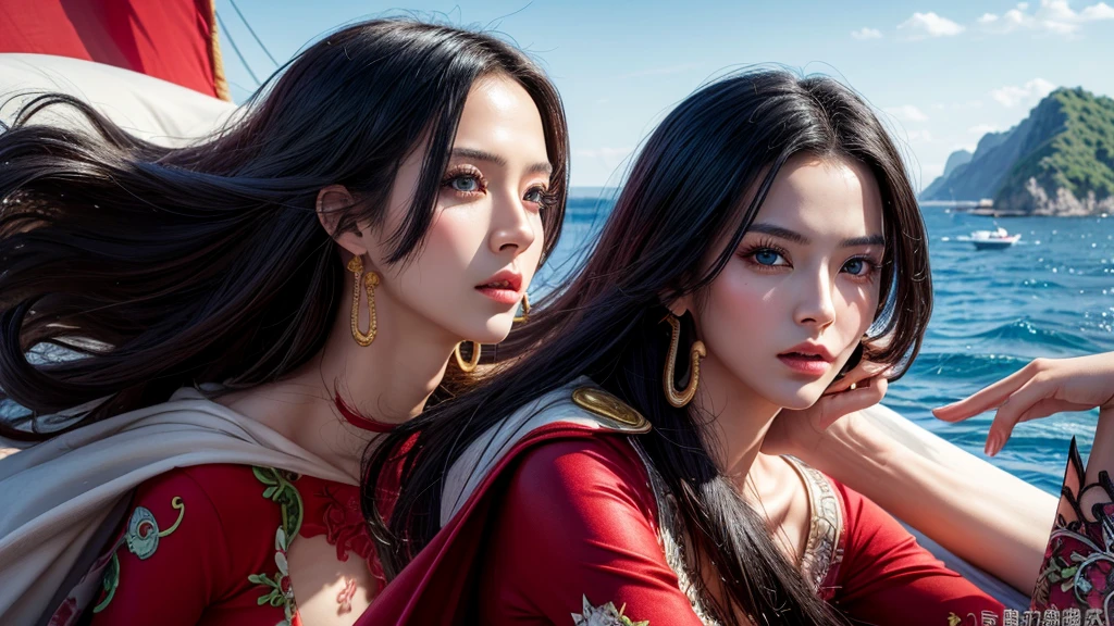 杰作, 最好的质量, 极其详细, 超现实主义, 真实感, 一位美丽的中国模特, 极其细致的脸部:1.2, 黑发, 红色礼服, 从远处:1.1, 海盗岛, 动态姿势, 动态角度
