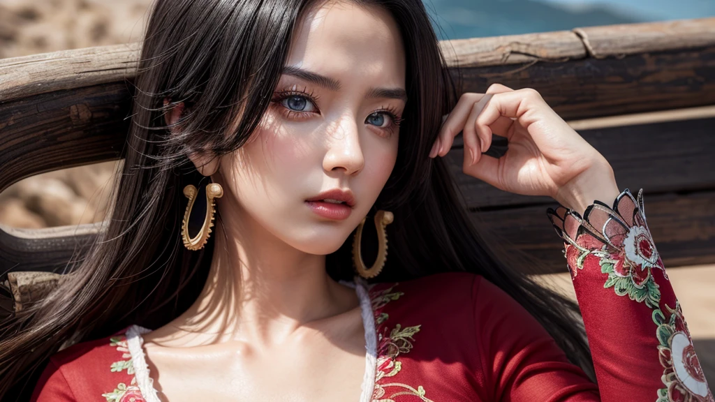 傑作, 最高品質, 非常に詳細な, 超現実的な, 写実的な, 美しい中国人モデル, 超詳細な顔:1.2, 黒髪, 赤いドレス, 遠くから:1.1, 海賊島, ダイナミックなポーズ, ダイナミックアングル