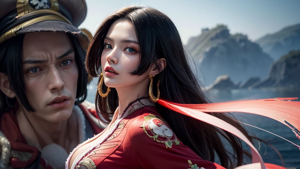 masterpiece, best quality, extremely detailed, hyperrealistic, photorealistic, a beautiful chinese model, ultra detailed face:1.2, black hair, red dress, from distance:1.1, pirate island, dynamic pose, dynamic angle