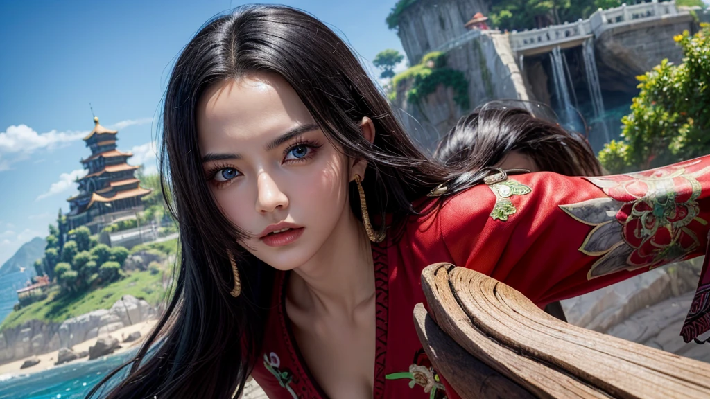 masterpiece, best quality, extremely detailed, hyperrealistic, photorealistic, a beautiful chinese model, ultra detailed face:1.2, black hair, red dress, from distance:1.1, pirate island, dynamic pose, dynamic angle, landscape