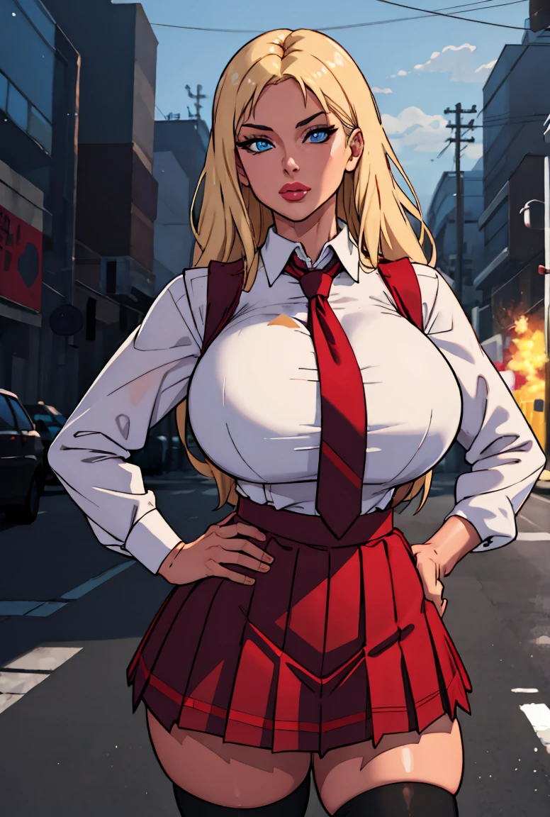 ((masterpiece, best quality)), insaneres, absurdres, solo, outdoors,
CLOTHING_BibleBlack_SchoolDress_ownwaifu, 
1girl, blonde hair,  long hair, blue eyes, 
black vest, red skirt, white shirt, collared shirt, suspenders, , black thighhighs, zettai ryouiki, necktie, long sleeves, pleated skirt, red necktie, 
(contrapposto, hand on hip)lens flare, depth of field, bokeh, embers, vanishing point, looking at viewer, gigantic 