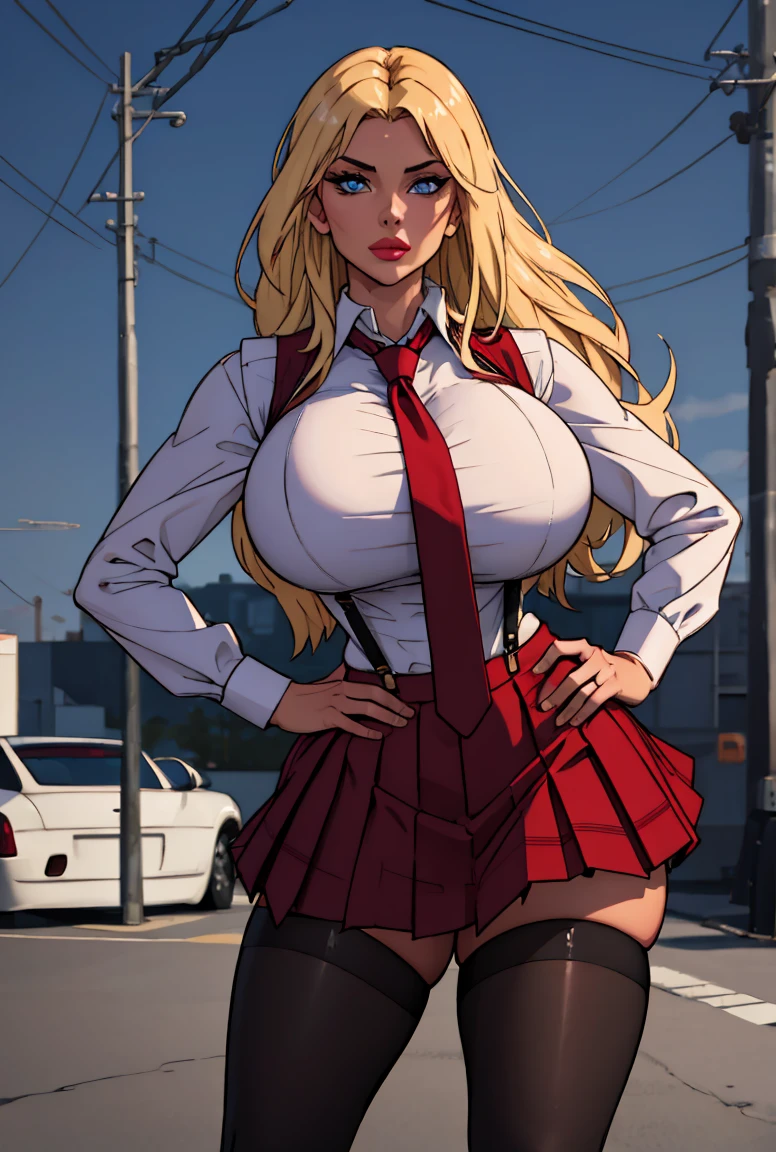 ((masterpiece, best quality)), insaneres, absurdres, solo, outdoors,
CLOTHING_BibleBlack_SchoolDress_ownwaifu, 
1girl, blonde hair,  long hair, blue eyes, 
black vest, red skirt, white shirt, collared shirt, suspenders, , black thighhighs, zettai ryouiki, necktie, long sleeves, pleated skirt, red necktie, 
(contrapposto, hand on hip)lens flare, depth of field, bokeh, embers, vanishing point, looking at viewer, gigantic 