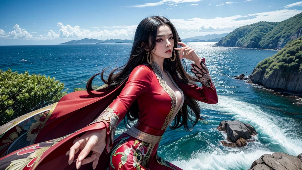 masterpiece, best quality, extremely detailed, hyperrealistic, photorealistic, a beautiful chinese model, ultra detailed face:1.2, black hair, red dress, from distance:1.1, pirate island, dynamic pose, dynamic angle, landscape, a shot from head to knee