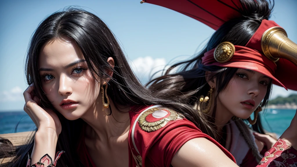 傑作, 最好的品質, 非常詳細, 超寫實, 逼真的, 美丽的中国模特, 超詳細的臉部:1.2, 黑髮, 红色礼服, 從遠處:1.1, 海盜島, 動態姿勢, 動態角度, 景觀, 從頭到膝蓋的一槍