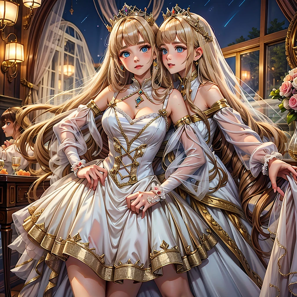 Teenage Girls，Charmed，Sacred，in love，Medium Chest、Seductive pose，(Princess Dress:1.2)，Dark blonde hair，e Blue Eye Aximalism，Multi-layered delicate frills，たくさんのrace，(Delicate pattern:1.1)，(Beautiful costumes:1.1)，(Yellow-white tone)，Princess Crown，See-through, transparent clothing，Beautifully detailed face，Bedroom scenes in western mythology，night，One person，(Flowing skirt:1.1)，Beautiful dear others.、，race,(Shine:1.2), (Highest quality), (Tabletop:1.2),、Pose that emphasizes the buttocks、ピンクのraceのパンティー