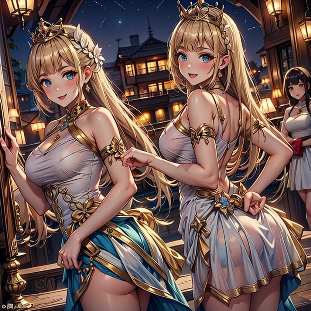 Teenage Girls，Charmed，Sacred，in love，Medium Chest、Seductive pose，(Princess Dress:1.2)，Dark blonde hair，e Blue Eye Aximalism，Multi-layered delicate frills，たくさんのrace，(Delicate pattern:1.1)，(Beautiful costumes:1.1)，(Yellow-white tone)，Princess Crown，See-through, transparent clothing，Beautifully detailed face，Bedroom scenes in western mythology，night，One person，(Flowing skirt:1.1)，Beautiful dear others.、，race,(Shine:1.2), (Highest quality), (Tabletop:1.2),、Pose that emphasizes the buttocks、ピンクのraceのパンティー