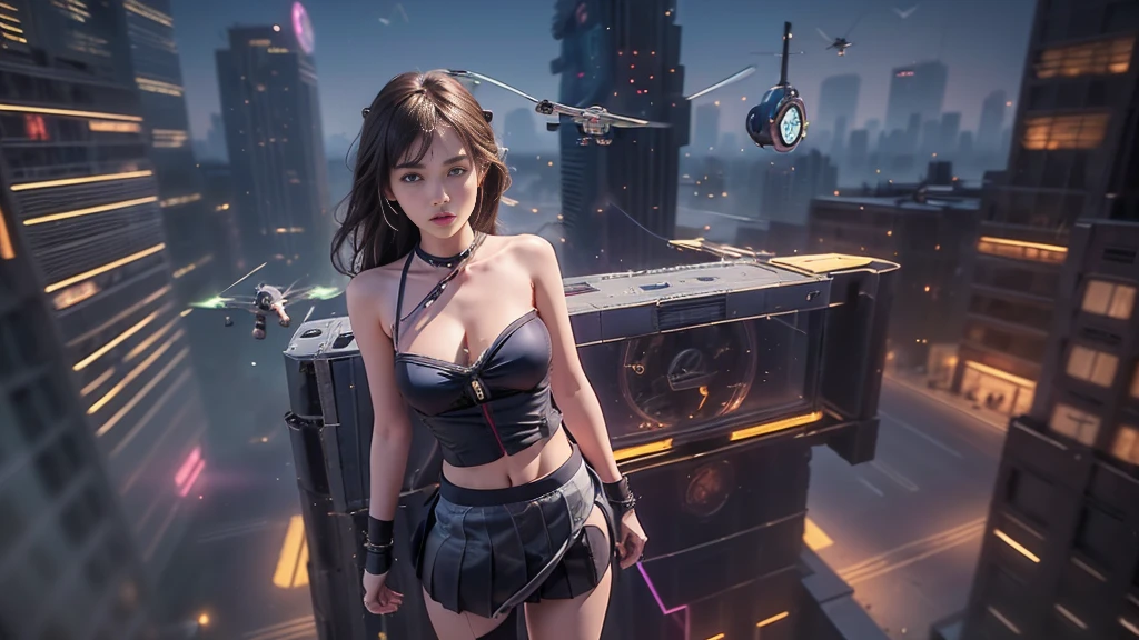 At night, dark sky, (((aerial view of futuristic sci-fi cyberpunk city, skyscrapers, (((((flying vehicle))))), (vortex-spirit-spreading giant ghost hologram (((clock tower))) as time machine), high quality))). Matrix style, (1girl, solo), photo realistic, (((large-breast:1.2 slim body, cleavage:1.3, tube top, very short pleated (((miniskirt))) exposing panty))), (((((matrix style black ((((((sunglasses)))))), aiming at camera with a (laser weapon):0.3))))), (((dynamic pose, half-body (thigh level) medium shot))), cinematic lighting.