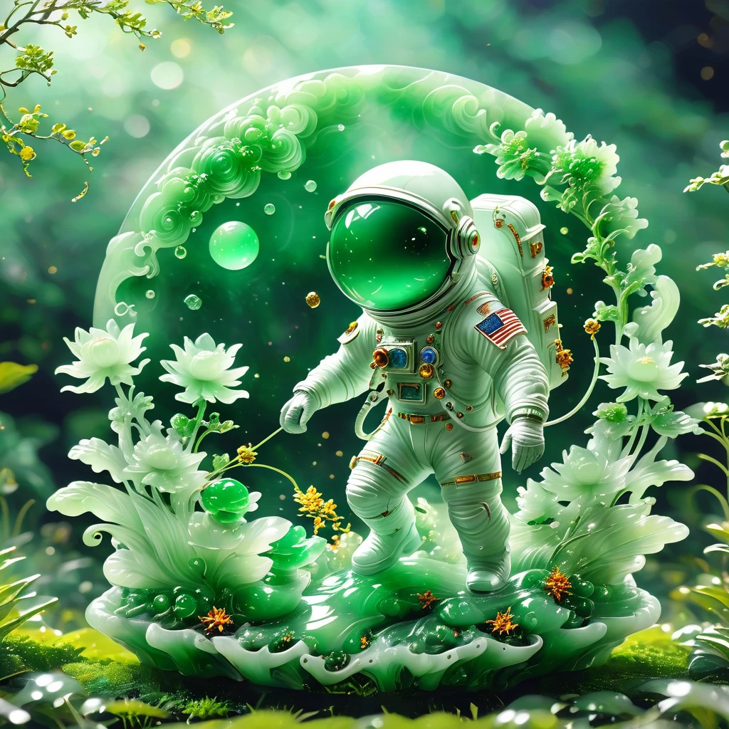 best quality, very good, 16K, ridiculous, Very detailed, Gorgeous((( Astronaut 1.3)))，Made of translucent jadeite, Background grassland（（A masterpiece full of fantasy elements）））， （（best quality））， （（Intricate details））（8K）