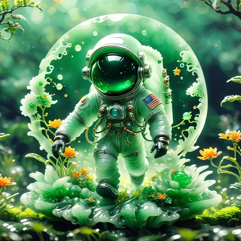 best quality, very good, 16K, ridiculous, Very detailed, Gorgeous((( Astronaut 1.3)))，Made of translucent jadeite, Background gr...
