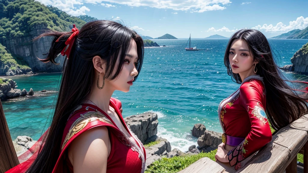 masterpiece, best quality, extremely detailed, hyperrealistic, photorealistic, a beautiful chinese model, ultra detailed face:1.2, black hair, red dress, from distance:1.1, pirate island, dynamic pose, dynamic angle, landscape, a shot from head to knee