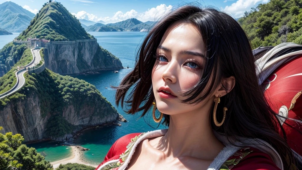 masterpiece, best quality, extremely detailed, hyperrealistic, photorealistic, a beautiful chinese model, ultra detailed face:1.2, black hair, red dress, from distance:1.1, pirate island, dynamic pose, dynamic angle, landscape, a shot from head to knee