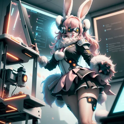 best quality, masterpiece, extreme detail, 8k, official art, bunnytech, fluffy, futuristic sci-fi, (scholar), (projector), (whit...