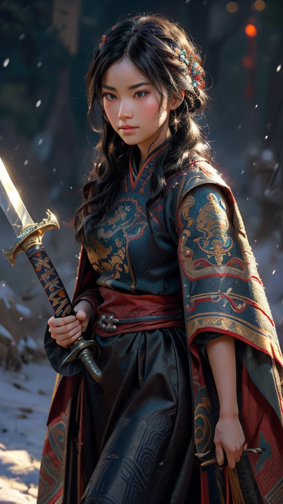 a 3D render (Close-up of Mulan holding a sword), （A sword that glows with cold light：1.2），（A sword with a dragon pattern），The surface of the sword is as smooth as a mirror，Cold light flashes，The hilt of the sword is inlaid with precious jade and wood，The upper body wears dark blue armor made of fish scales and iron， The armor was also inlaid with golden stars，floral embroidery，Cloak decorated in black and gold， Very long hair, Ebony hair, Big black eyes, Long eyelashes, Sexy red lips, Resolute expression, disney movie《Mulan》, Martial arts, Kungfu, Chinese exquisite clothing, ， 1 Mulan, Solo, Ancient wind， Background with: It was snowing heavily，It was snowing heavily，It was snowing heavily in the sky， Hurricane weather，vortex,,{{Masterpiece}}, {{{Best quality}}},{{Ultra-detailed}}, {{illustration}},{{Disheveled hair}},{{Masterpiece}},{{{Best quality}}},{{Ultra-detailed}}, {{{illustration}}},{{Disheveled hair}},Clear facial features,close up photograph,,Alphonse Mucha,Pixar style,Cartoon style,beatrix potter ,Refined atmosphere,Intense atmosphere, microscopic view,Close-up(CU),Extreme closeup,back Lighting,