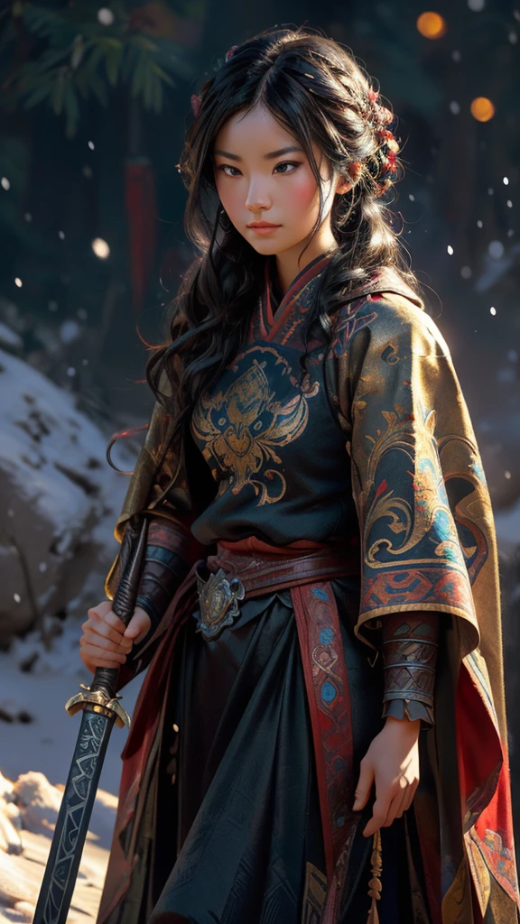 a 3D render (Nahaufnahme of Mulan holding a sword), （Ein Schwert, das in kaltem Licht leuchtet：1.2），（Ein Schwert mit Drachenmuster），Die Oberfläche des Schwertes ist glatt wie ein Spiegel，Kalte Lichtblitze，Der Griff des Schwertes ist mit kostbarer Jade und Holz eingelegt，Der Oberkörper trägt eine dunkelblaue Rüstung aus Fischschuppen und Eisen， Die Rüstung war auch mit goldenen Sternen eingelegt，Blumenstickerei，Umhang in Schwarz und Gold verziert， sehr lange Haare, Ebenholzhaar, Große schwarze Augen, lange Wimpern, Sexy rote Lippen, Entschlossener Ausdruck, Disney-Film《Mulan》, Kampfsport, Kung-Fu, Chinesische exquisite Kleidung, ， 1 Mulan, Allein, Uralter Wind， Hintergrund mit: Es schneite stark，Es schneite stark，Es schneite stark in the sky， Hurrikanwetter，vortex,,{{Meisterwerk}}, {{{beste Qualität}}},{{ultra-detailliert}}, {{Illustration}},{{zerzaustes Haar}},{{Meisterwerk}},{{{beste Qualität}}},{{ultra-detailliert}}, {{{Illustration}}},{{zerzaustes Haar}},Klare Gesichtszüge,Nahaufnahme,,Alphonse Mucha,Pixar-Stil,Cartoon-Stil,beatrix potter ,Gepflegte Atmosphäre,intensive Atmosphäre, mikroskopische Ansicht,Nahaufnahme(MIT),extreme Nahaufnahme,Hintergrundbeleuchtung,