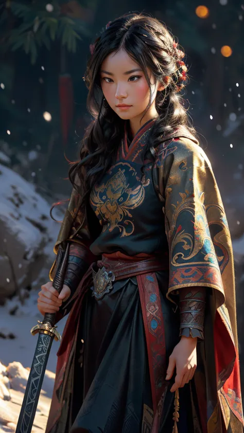a 3D render (Close-up of Mulan holding a sword), （A sword that glows with cold light：1.2），（A sword with a dragon pattern），The su...